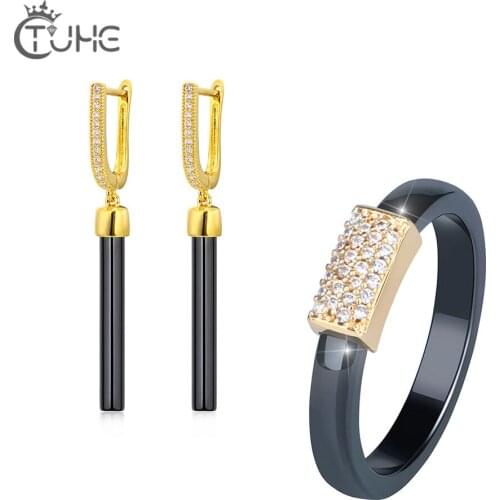 Trend Women Jewelry Set Black White Ceramic Drop Earrings With 3mm Rectangle Rhinestone Ring Never Fade Ceramic Wedding Gifts