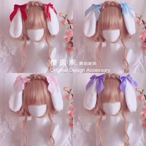 Hand made Lolita Rabbit Ear Hair accessories Lop ear rabbit Side Clip Soft sister Bowknot Plush kc Hair Clip headdress Cosplay