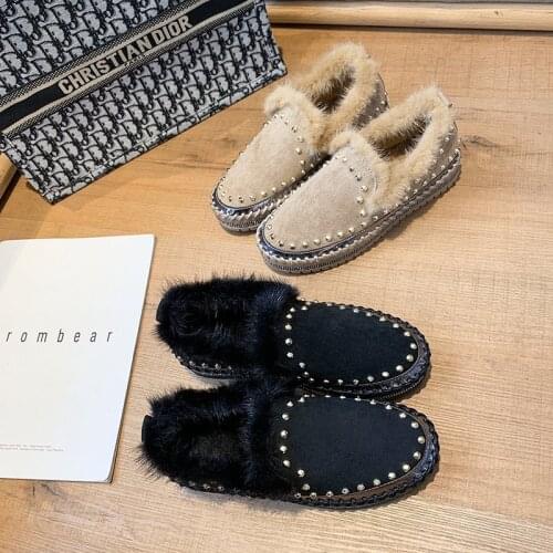 Real Mink Fur Shoes Women Flats Luxury Rivets Hand Stitching Winter Shoes Woman Crystals Slip-on Platform Footwear