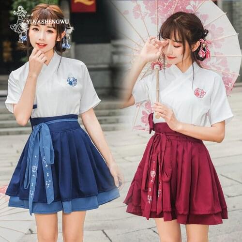Hanfu Costume Dress Women Improved Hanfu Daily Short Sleeve Hanfu Embroidered Crossdresses Costumes Han Elements Student Set