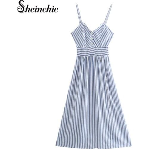Casual Blue Striped Long Dresses for Women 2021 Summer Sexy V-neck Spaghetti Strap Pleated Maxi Dress Female Vacation