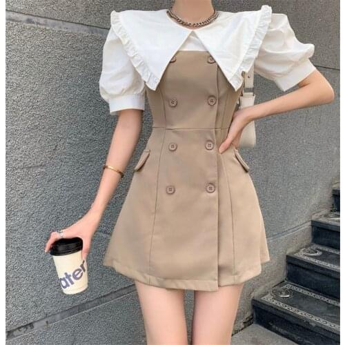 2021 Summer Women Dress Elegant Temperament Korean Doll Collar Puff Sleeve Contrast Color Blazer Fake Two A-Line Suit Dress