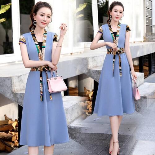 Chiffon Dress Women Summer 2020 New V-neck Printed High Waist Long Big Swing Vestidos Mujer Waist Slim Temperament Dresses A923