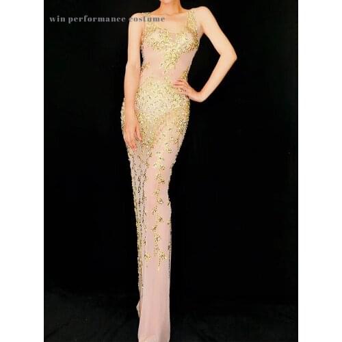 Golden sexy rhinstone sleeveless fesival birthday prom party bachelorette celebrate stage show wear club costume