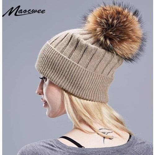 100% Real Raccoon Fur Pompon Hats Women Winter Caps Fluffy Big Pom Pom Skullies Female Pompons Knitted Beanie Adult Child Girls