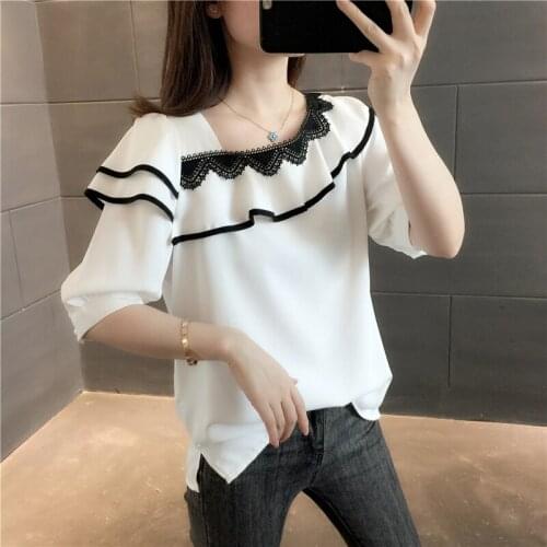 2021 Top Fashion 20609 (2 Rooms, 4 Rows, No. Middle) Real Shooting Lace Color Matching Short Sleeve Knitted T-shirt 44
