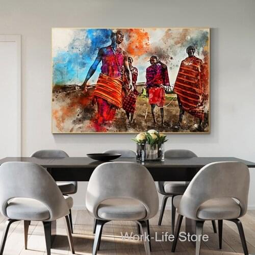 Watercolor African Art Maasai Tribe Dancing Canvas Painting Posters and Prints Abstract Wall Art Pictures for Living Room Decor