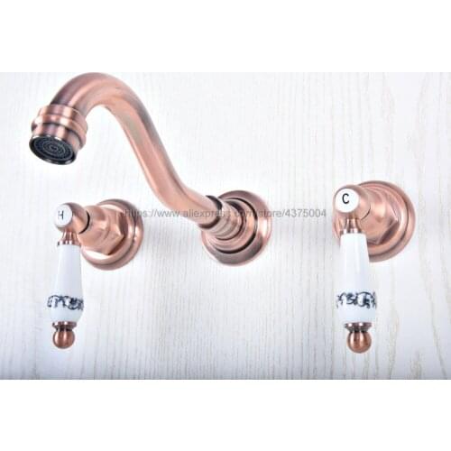 Antique Red Copper Bathroom Basin Sink Mix Tap Dual Handles Wall Mounted Kitchen Basin Sink Mixer Faucet Nsf503