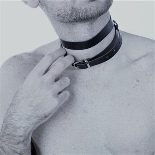 BDSM Gay Neck Harness Men Leather Fetish Gay Clothes Body Bondage Cage Necklace Harness Belt Punk Rave Costume for Adult Men Sex
