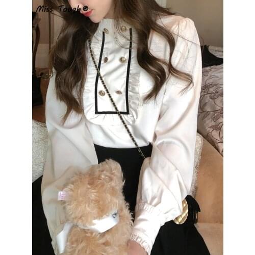 White Patchwork Kawaii Blouse Shirt Women Japanese Style Vintage Sweet Top Female High Street Korean Fashion Designer Tops 2021