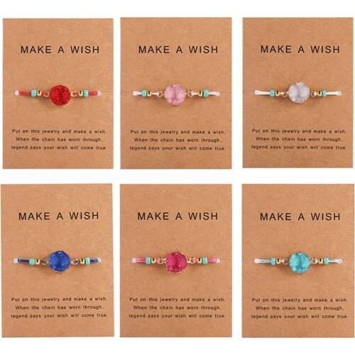 Resin Stone Wish Cards Bracelets for Women Drusy Crystal Beads Vegan Wax Rope Bracelet Gifts Femme Fashion Jewellery Druzy