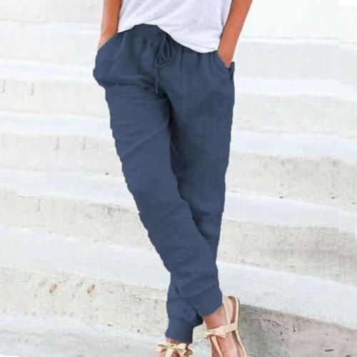 Cotton Linen 2020 Spring Trousers Solid Elastic Waist Thread Long Pants For Women Loose Plus Size High Waist Women Pants Harem