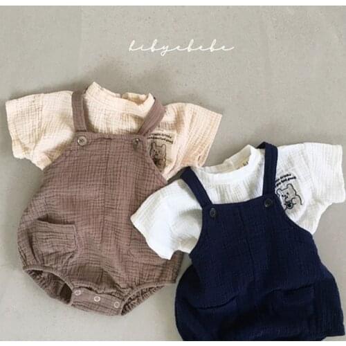 Baby Boy Girl Summer Solid Cotton Korean Short 2021 Romper Bear Cartoon T Shirt Top Children Clothing Set Overalls And Overalls