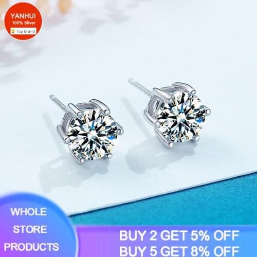 Women 1 Carat / 2 Carat Zirconia Diamond Stud Earring Natural Sterling Silver 925 Jewelry for Wedding No Fade Allergy Free