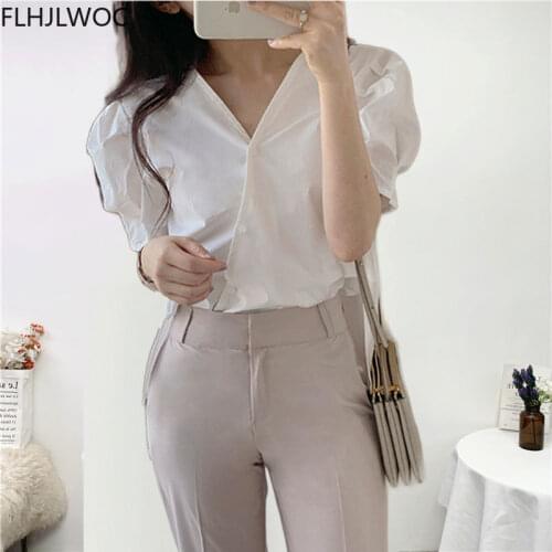 Korea Chic Tops Blusas Women Fashion Flhjlwoc Japanese Style Peplum Design Ruffled V Neck Solid White Blouse Shirts