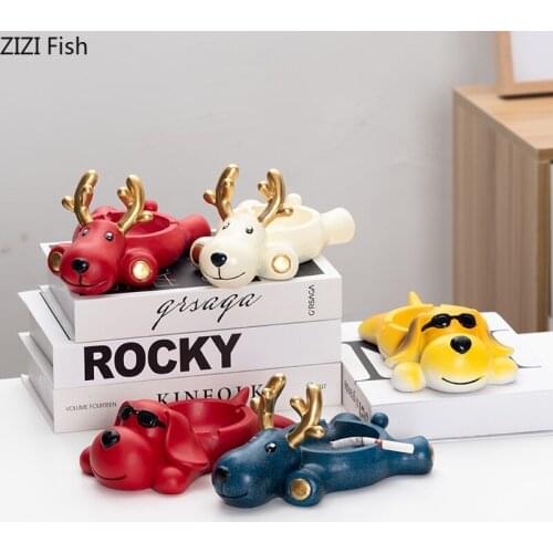Creative Cartoon Cute Animal Ashtray Elk Dog Bedroom Office Decoration Multifunctional Large Capacity Resin Ashtray Crafts Home