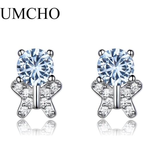 UMCHO Cute 925 Sterling Silver Bear Created Sky Blue Stone Stud Earrings Fine Jewelry For Girl Birthday Gift