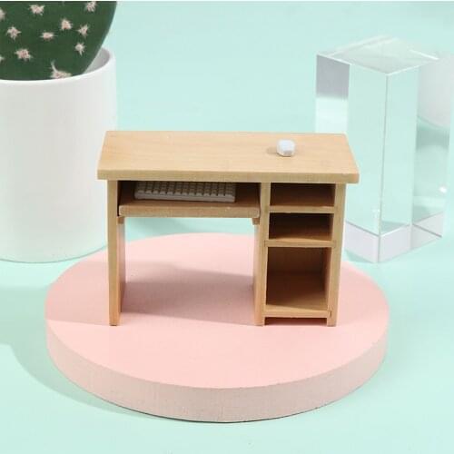 1set 1/12 Dollhouse Miniature Desk With Keyboard And Mouse Wooden Toys Dollhouse Furniture For Dollhouse Decals