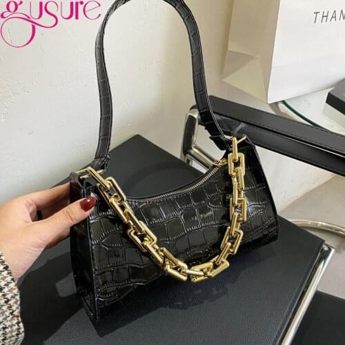 Gusrue Fashion Women PU Leather Chain Shoulder Handbags Casual Solid Color Crocodile Pattern Female Underarm Baguette Bags Purse