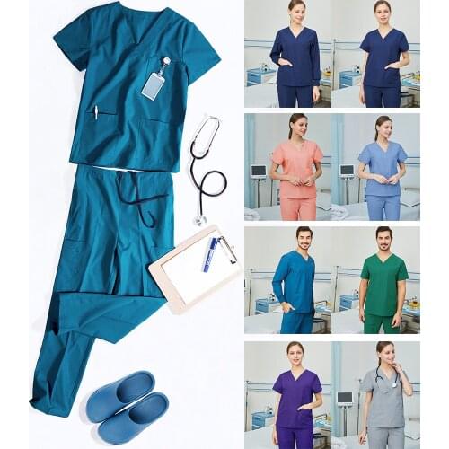 Nurse Scrub Set Uniform Solid Workwear Nursing Doctor Scrubs Uniforms V Neck Drawstring Waist Polyester Cotton Scrub Sets 8020-2