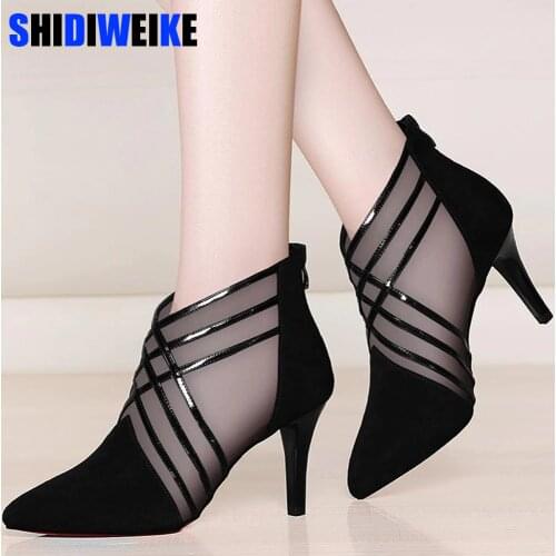 2021 new arrived woman mesh ankle boots for women summer 10cm thin heels boots sandal ladies pointed toe shoes sandals sandalias