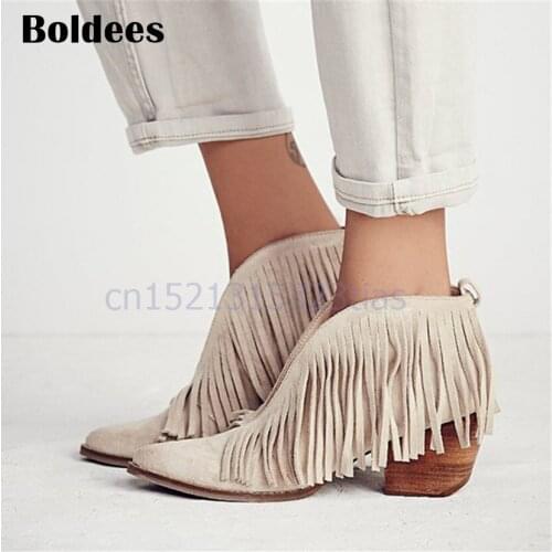 New Beige V Front Suede Leather Pointed Toe Ankle Boots Slip On Tassels Chunky High Heel Women Pumps Fringed Botas Mujer