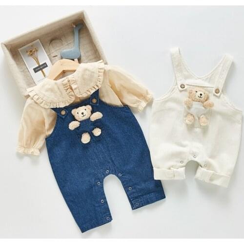 Autumn New Kids Grils and Boys Solid Color Denim Overall Pants With Cartoon Bear