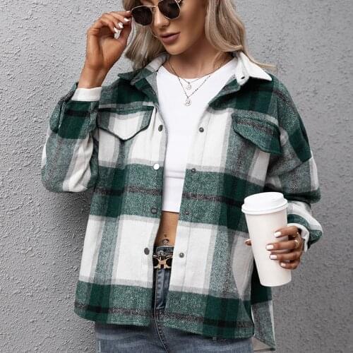 Autumn Thicken Jacket Women Plaid Coat Casual Single Breasted Jacket Loose Long Sleeved Outerwear Fashion Pockets Streetwear