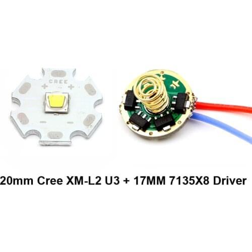 20mm Base 10W XM-L2 U3 LED Emitter chip bulb + 17mm 7135 x 8 2.8A Driver Circuit Board for L2 T6 U2 LED Flashlight torch