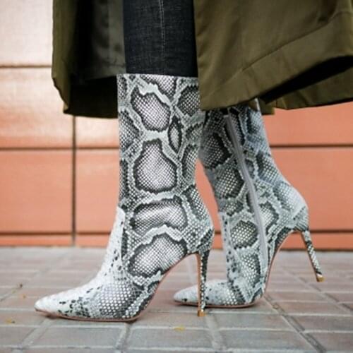 Roni Bouker Sale Womens Mid Calf Shoes Womans Snake Print Winter Autumn High Heels Woman Zipper Boots Women Fashion Heel Shoe