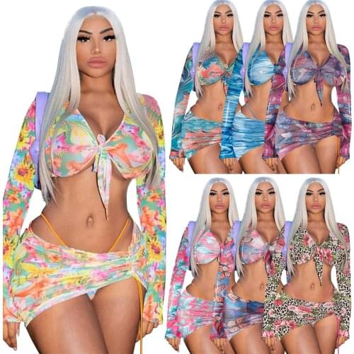 Sexy Mesh Transparent 3-Piece Set Club Birthday Womens Beach Vacation Summer Clothes Short Top Skirt Suit
