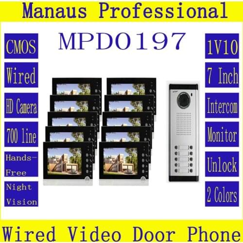 High Quality Smart Home 1V10 Intercom System One to Ten Video Doorbell 7 Inch Display 6 IR Lamps Cable Visible Interphone D197b