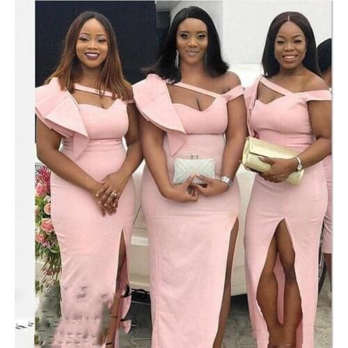 2019 Bridesmaid Dresses For Wedding Ruffles Off Shoulder Low Cut High Slit Maid Of Honor Dress Satin Wedding Guest Dress Cheap