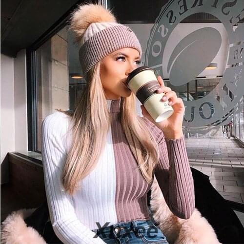 Long Sleeve Turtleneck Sweater Women White Pink Patchwork Slim Pullover Knitted Autumn Winter Tops Streetwear Xnxee