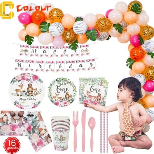 1st Birthday Balloons Party Tableware Decorations Baby Shower Wedding Decor Jungle Forest Party Woodland Wild One Party Supplies