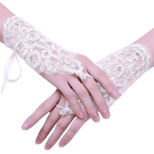 Ladies bride marry Rhinestone Flower Lace White Gloves Cosplay Bandage Bracelet Accessories Wrist Set CYHWR