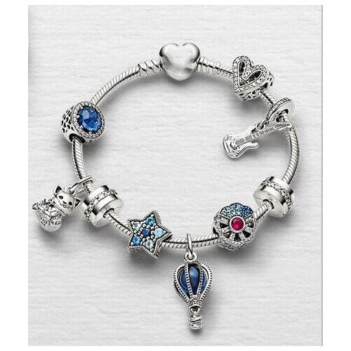 925 Sterling Silver Beaded Pan Bracelet Blue & Pink Fan Bangle For Women Wedding Gift Jewelry
