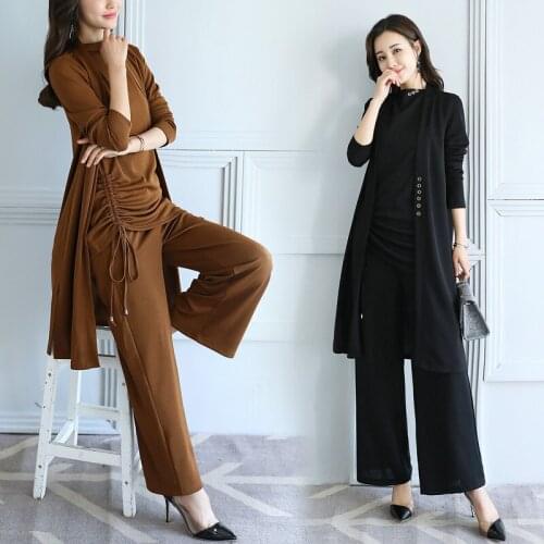 Womens Set 2019 Spring & Autumn Womens Fashion Knit Long Cardigan Jacket + T-Shirt + Wide Leg Pants Three-piece Set AL372