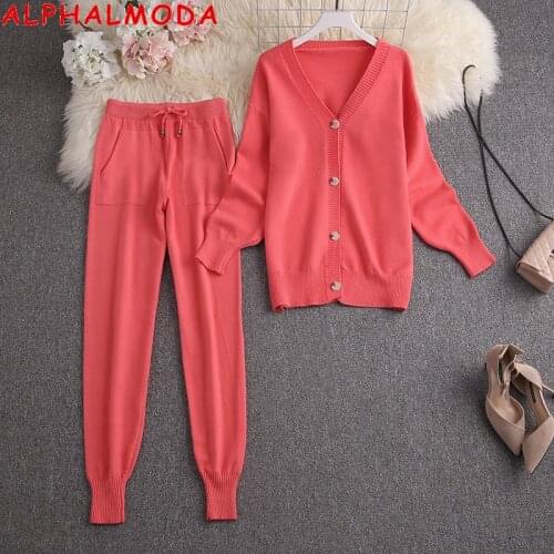 ALPHALMODA Loose Knitting Jumper + Pants 2pcs Casual Suit Women Fall Winter New Style Single Breasted Sweater Top Trousers Set