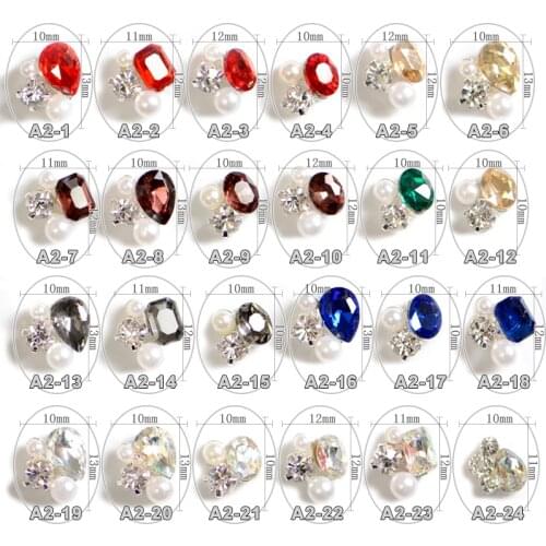 100PCS Different Crystal OVal heart Shape Alloy Glitter Pearl Nail Art Decoration 3D for Finger Nail jewellery, A2-24 24 designs