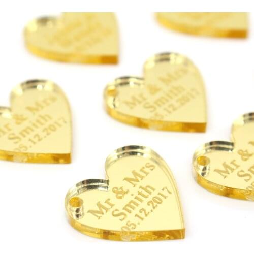 50*Personalized Mirror Carved Love Table Center Decoration Label Mr. &Mrs. Surname Wedding Birthday Gift Baby Baptism Decoration