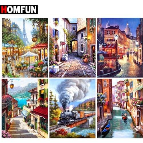 HOMFUN DIY 5D Diamond Painting "City street train scenery"Full Diamond Embroidery Sale Picture Of Rhinestones For Festival Gifts