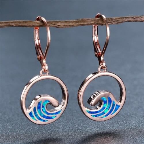 White Blue Opal Wave Earrings Classic Round Dangle Earrings Vintage Rose Gold Silver Color Drop Earrings For Women Ocean Jewelry