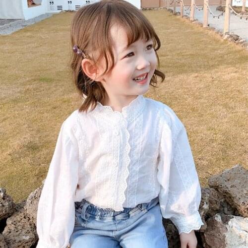 2021 Spring Kids Girls White Cotton Long Sleeve Blouse Todder Baby Girl Full Shirt Fashion Children Clothing Top 2 3 4 5 6 7 8 9