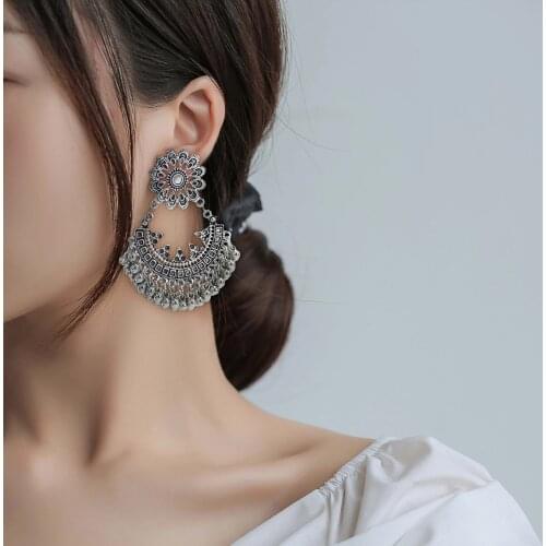 Bohemia Ancient Tibetan Filigree Flower lens Ornate Gold silver-color Earring Vintage Jewelry Carving Hollow Gypsy Tribal Earrin