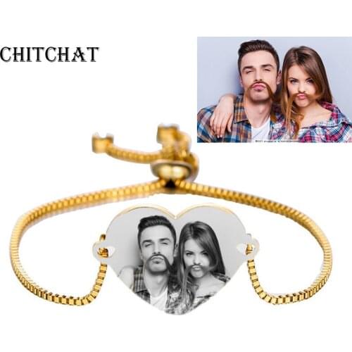 Engraved Photo Name Date Bracelet Customized Words Logo Bracelets Rose Gold/Gold Adjustable Bangles For Woman Birthday Gift
