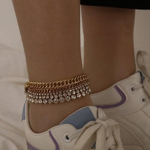 Punk Luxury Shiny Crystal Anklets for Women Fashion Curb Cuban Boho Anklet Bracelet on Leg Foot Bracelets Barefoot Ankle Jewelry