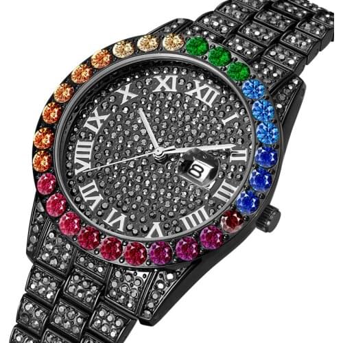 MISSFOX Black Men Watches Top Brand Luxury Iced Out Watch Big Rainbow Diamond Watch for Men Quartz Wristwatch Relogio Masculino