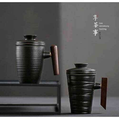 Black pottery Office Mug with filter and cover household ceramic cups tea cup
