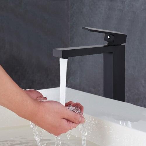 Two size Matte black Square high style Bathroom sink Faucet Solid Brass Basin Faucet Cold and Hot Water Mixer Single Handle Tap